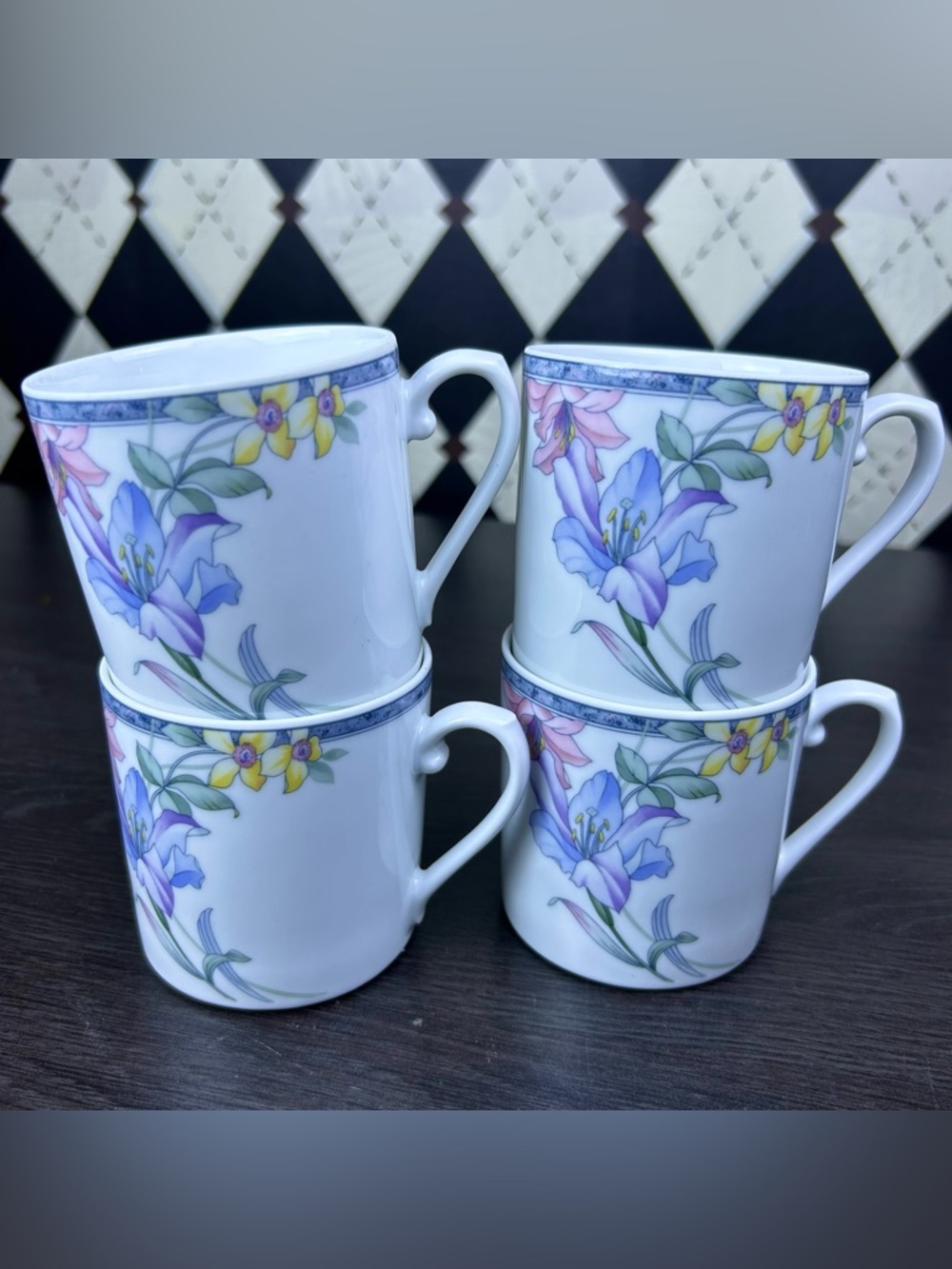 Floral Porcelain Coffee Mugs - White with Purple & Yellow Flowers (Set of 4)